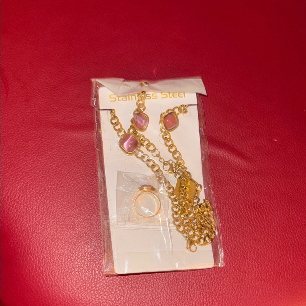 Gold and Pink Stainless Steel Jewelry Set